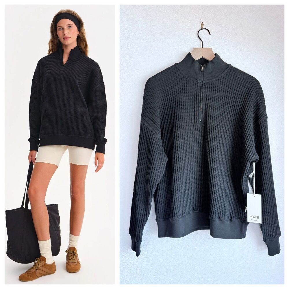MATE the Label Organic Waffle Collared Half-Zip Sweatshirt Jet Black NWT Size S